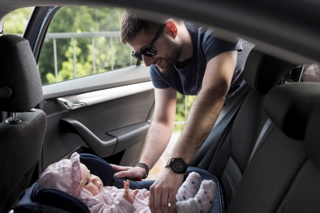 Adult Man Taking Baby Out Childish Safety Seat 23 2148181504