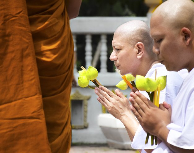 Newly Ordained Buddhist Monk Pray With Priest 41094 144