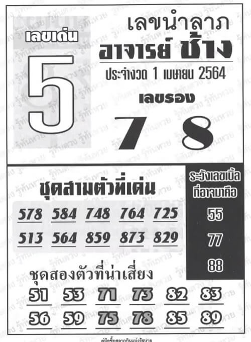 หวยอาจารย์ช้าง งวด 01/04/64