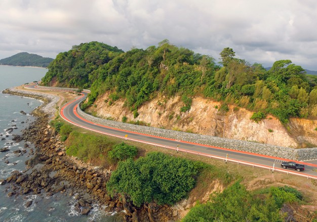 Aerial view of winding coastal route Chanthaburi, Thailand