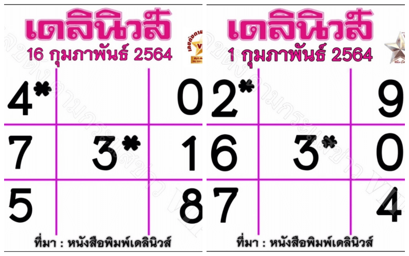 หวยเดลินิวส์เดือนกุมภาพันธ์ 64