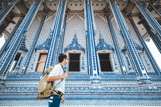 Travel man and thai temple