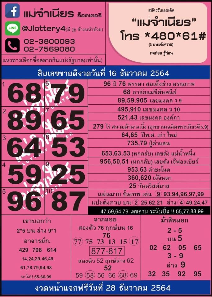 หวยแม่จำเนียร 16/12/64 