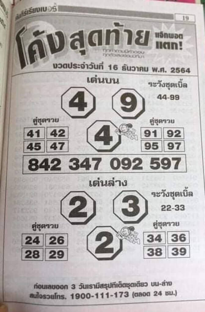 หวยโค้งสุดท้าย 16 12 64 
