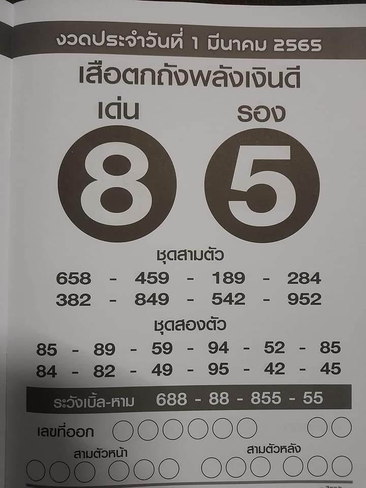 หวยเสือตกถังพลังเงินดี 1/03/65