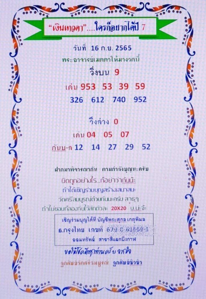 เลขเด็ดเงินเทวดา 16/9/65