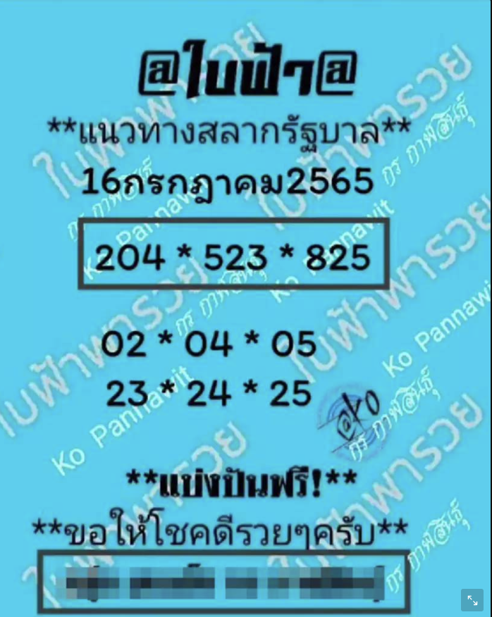 หวยบ้านสีฟ้า 16/9/65