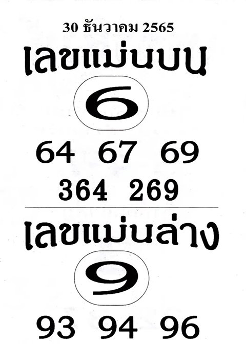 หวยเลขแม่นบนแม่นล่าง 30/12/65