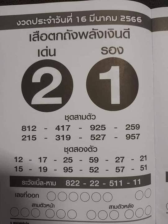 เลขเด็ดเสือตกถังพลังเงินดี 16/3/66