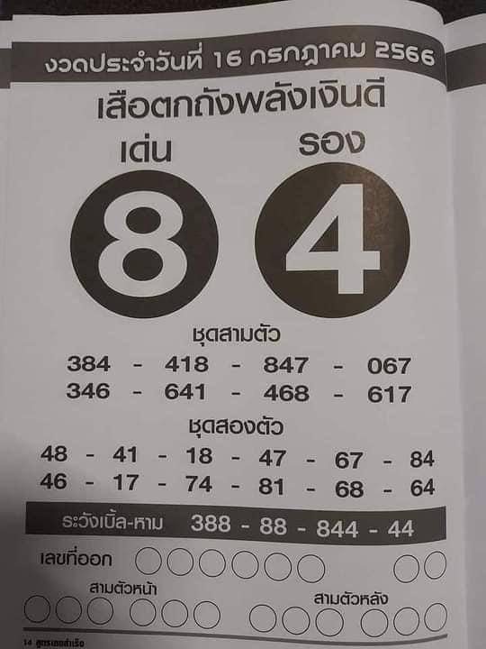 เลขเด็ดเสือตกถังพลังเงินดี 16/7/66