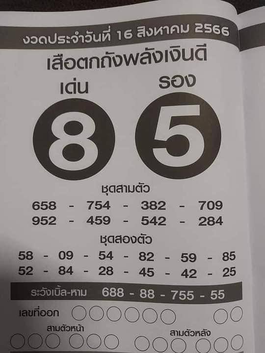 เลขเด็ดเสือตกถังพลังเงินดี 16/8/66