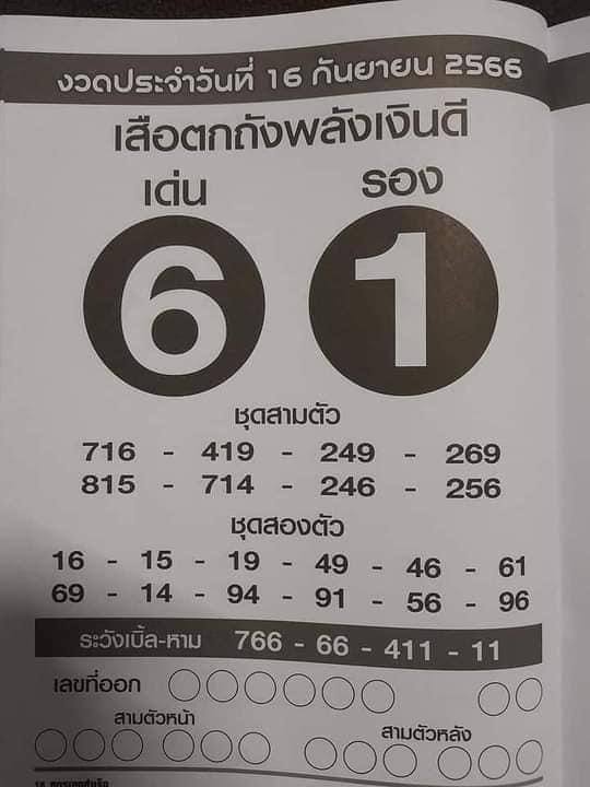 เลขเด็ดเสือตกถังพลังเงินดี 16/9/66